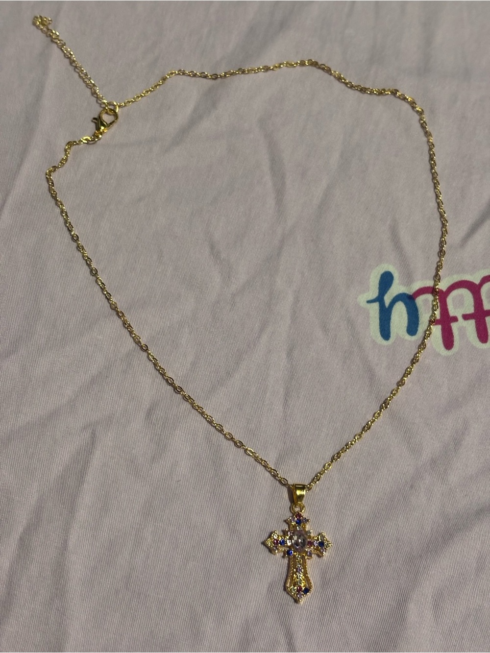 Gold Cross Pendant Necklace with Multicolor Stones